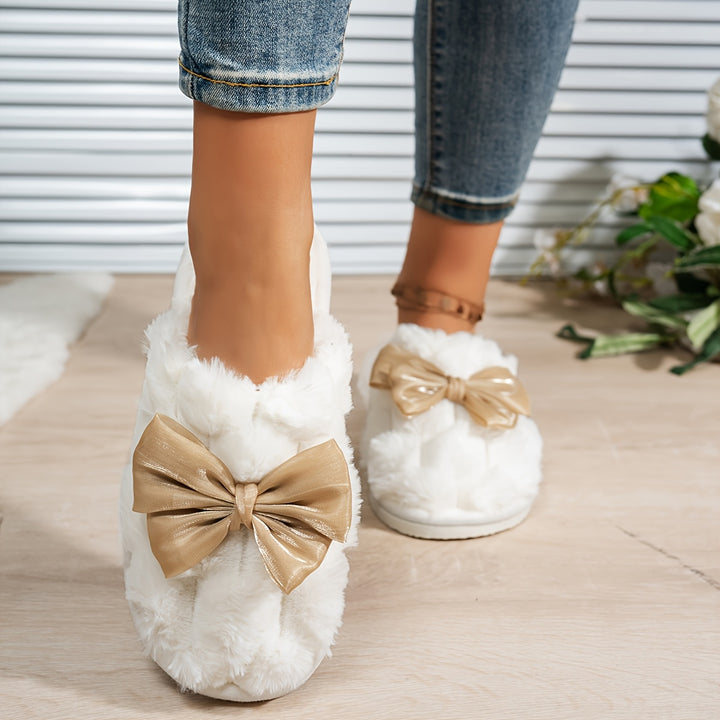 [Cozy|Plush] Soft White Cozy Plush Women’s Slippers | Satin Bow, Pink & Red Accents, EVA Sole, Hand Washable, Indoor Winter Warmth