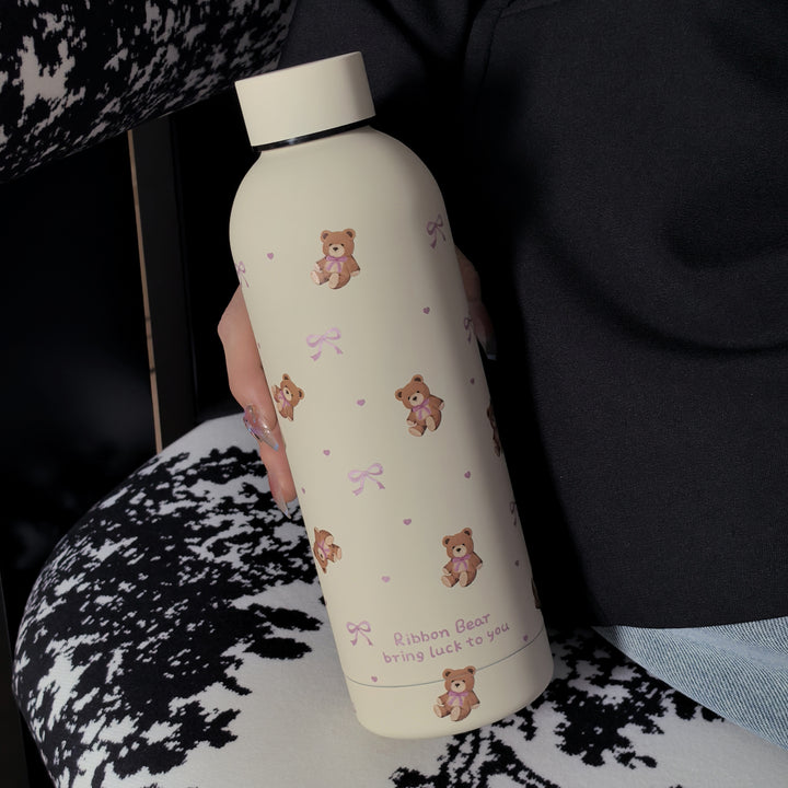 [Reusable Stainless Steel Coffee Mug] 1pc Ribbon Bear Series Stainless Steel Insulated Tumbler, 17oz/500ml, Double-Wall Vacuum Bottle for Hot & Cold Drinks, Travel & Gym Cup, Coffee Mug, Car Cup, All-Season Beverage Container, Reusable, Hand Wash Only
