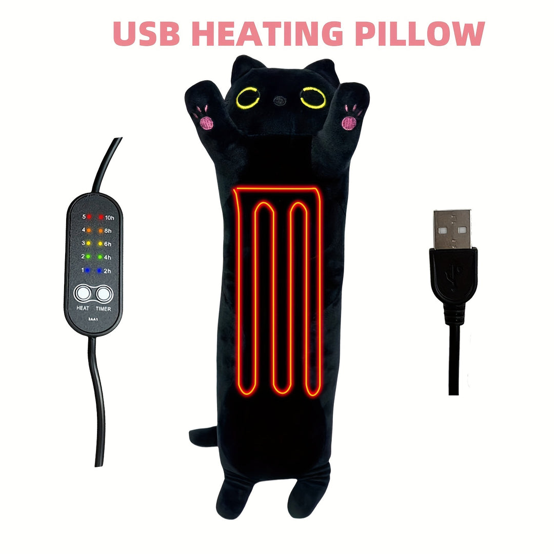 17.7 Inch Heated Black Cat Pillow Cushion with 5 Temperature Settings - USB Heating Pad - All-Season, 45cm
