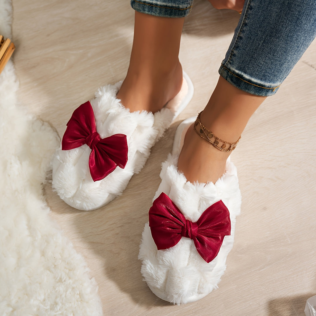 [Cozy|Plush] Soft White Cozy Plush Women’s Slippers | Satin Bow, Pink & Red Accents, EVA Sole, Hand Washable, Indoor Winter Warmth