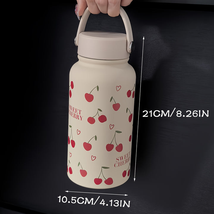[22oz Insulated Cherry Heart Bottle] 22oz Cherry Heart Series Sports Water Bottle with Handle, Double-Wall 304 Stainless Steel Insulated Flask for Cold Drinks, Thermal Coffee Bottle, Camping To-Go Cup, Soft-Touch Silicone Paint, Ideal for Birthdays, Back