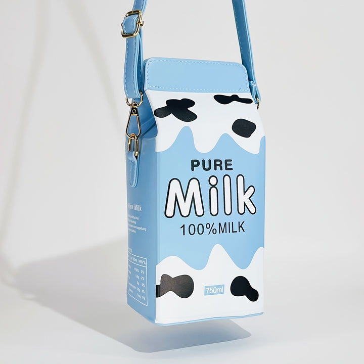 Strawberry Milk Carton Crossbody Bag - Cute Pink PU Shoulder Bag with Adjustable Strap, Zipper Closure, and Playful Cow Print Design for Travel & Everyday Use, Cow Print Purse