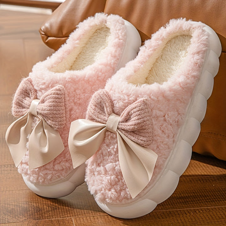 Winter Warm Plush Slippers - 1 Pair Women's Casual Solid Color Bowknot Indoor House Shoes - Thick Sole Non-Slip with Superfine Fiber Insole and TPU Sole