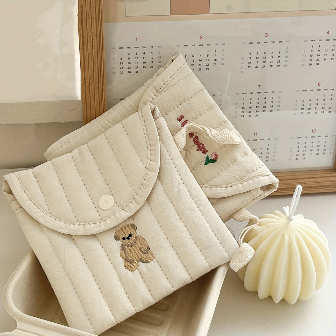 1pc Cute Cartoon Embroidered Pad Case, Lightweight Portable Menstrual Pack, High Aesthetic Sanitary Napkin Storage Bag, Polyester, Unisex, Fragrance-Free, Cosmetic Bag for Women