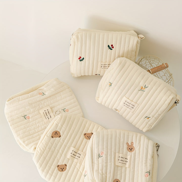 Portable Quilted Polyester Diaper Bag - Adorable Bunny & Floral Embroidery, Reusable Nappy Caddy Organizer with Zipper for Wet/Dry Use, Ideal for Strollers, Small