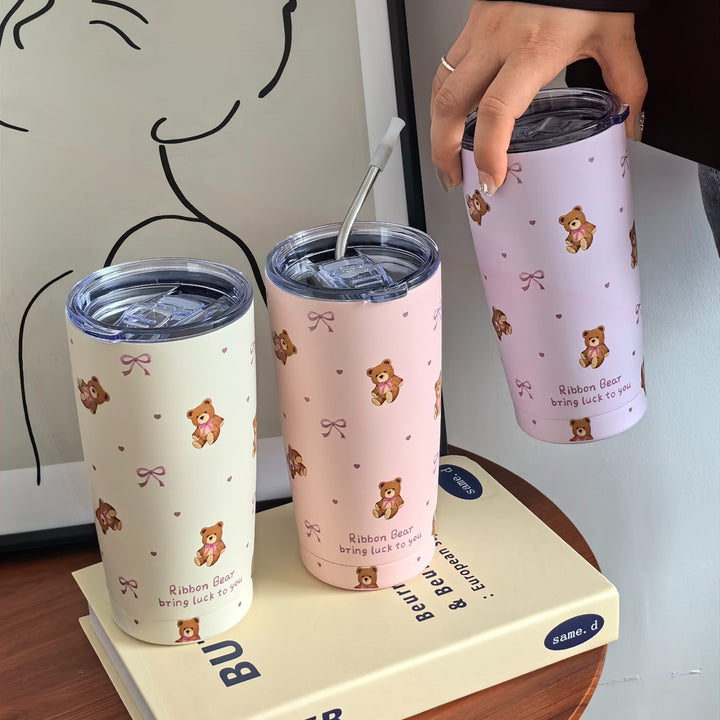 Cute Bow Bear 20Oz Stainless Steel Insulated Tumbler - Durable, Reusable, Multi-Purpose Travel Mug for Hot and Cold Beverages, Perfect for Camping, Outdoor Adventures, and Thoughtful Gifts - Straw Not Included