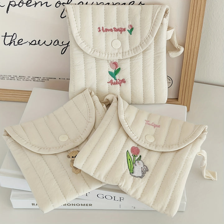 1pc Cute Cartoon Embroidered Pad Case, Lightweight Portable Menstrual Pack, High Aesthetic Sanitary Napkin Storage Bag, Polyester, Unisex, Fragrance-Free, Cosmetic Bag for Women