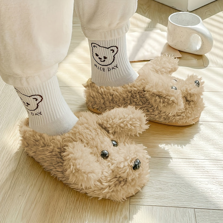 Cozy & Warm Soft Sole Cartoon Puppy Plush Slippers - Unisex Plus Size Fuzzy Shoes for Men & Women - Winter Novelty Slip On