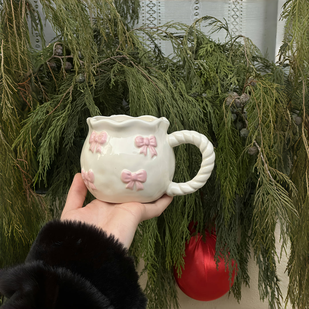 1pc Cute Pink Bow Mug – Embossed Design, Insulated Coffee Cup for Breakfast, Milk, or Tea, Reusable & Dishwasher Safe, Perfect for Holiday Gifting, Breakfast Coffee Mug | Whimsical Mug Design | Dishwasher Safe Mug, Coffee Accessories