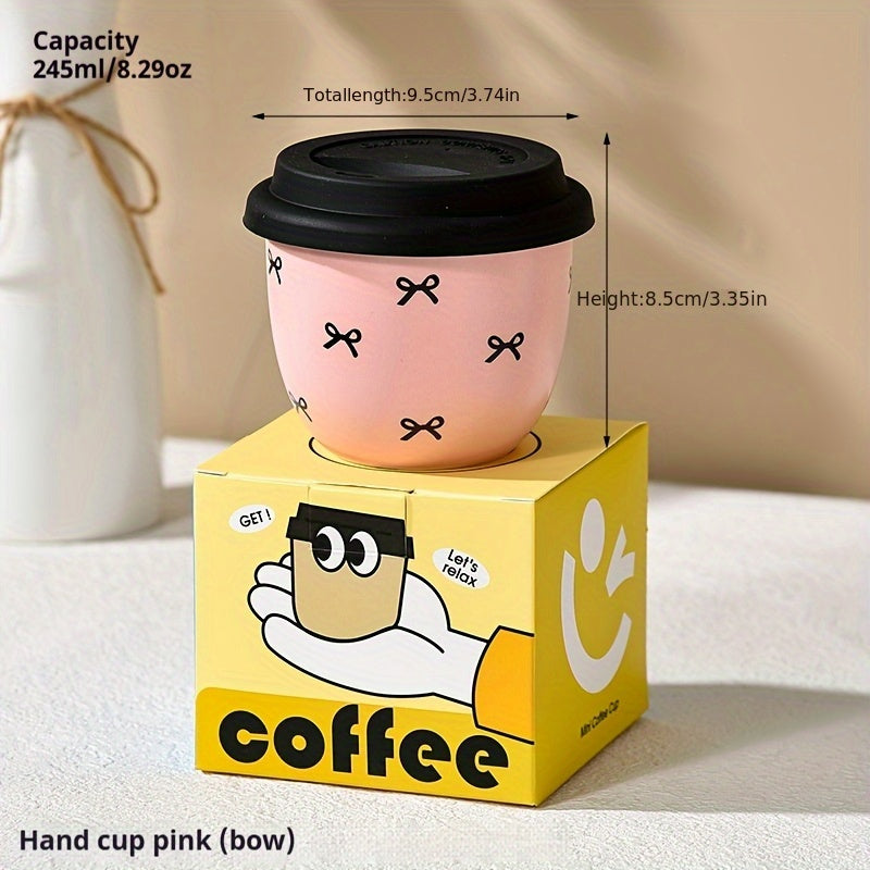 1pc High Beauty Pink 245Ml/8.29Oz Ceramic Coffee Cup with Lid. Bow Shaped Love Cherry Hand Cup, Afternoon Tea, Very Suitable for Mini Coffee, Coffee Lovers Gift, Valentine'S Day Gift, Sisters Gift, Mother Gift, Birthday Gift, Wedding Gift