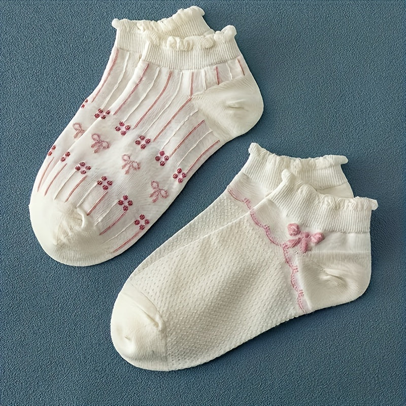 5 Pairs Women's Cute Bow & Floral Pattern Ankle Socks - Breathable Polyester Blend, Ruffled Detail, Machine Washable, Cozy Casual Attire|Ruffled Sock Edges|Polyester Spandex Blend, Cute Socks