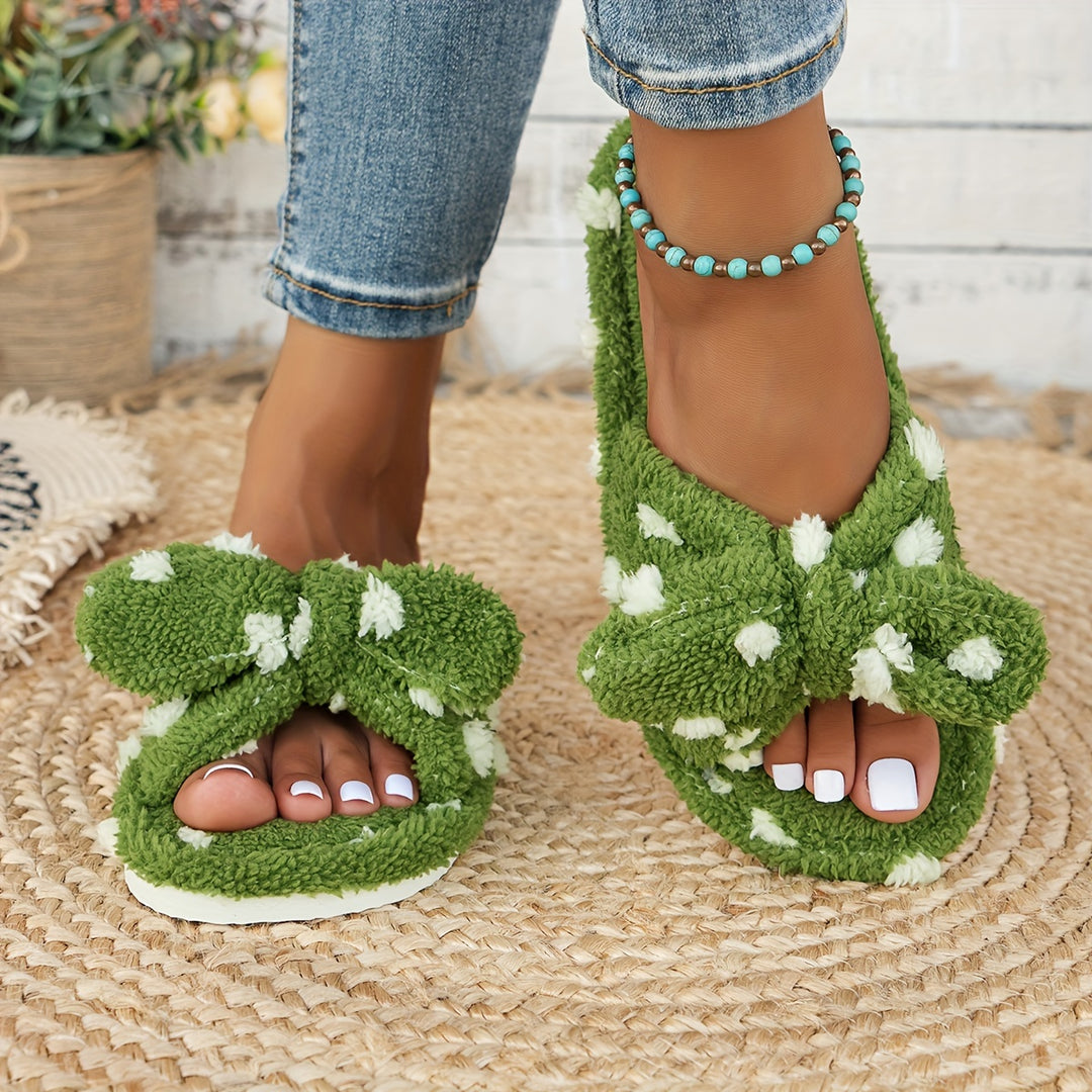 [Soft, Warm] Women's Plush Slippers with Polka Dot Bow - Soft, Warm, Non-Slip Indoor Footwear for Home Comfort in Spring & Autumn