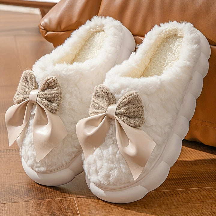 Winter Warm Plush Slippers - 1 Pair Women's Casual Solid Color Bowknot Indoor House Shoes - Thick Sole Non-Slip with Superfine Fiber Insole and TPU Sole