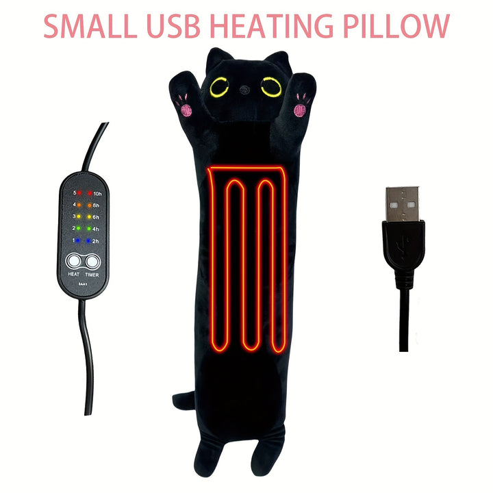 17.7 Inch Heated Black Cat Pillow Cushion with 5 Temperature Settings - USB Heating Pad - All-Season, 45cm