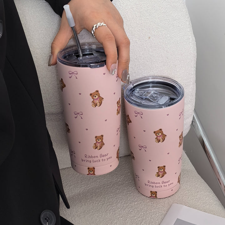 Cute Bow Bear 20Oz Stainless Steel Insulated Tumbler - Durable, Reusable, Multi-Purpose Travel Mug for Hot and Cold Beverages, Perfect for Camping, Outdoor Adventures, and Thoughtful Gifts - Straw Not Included