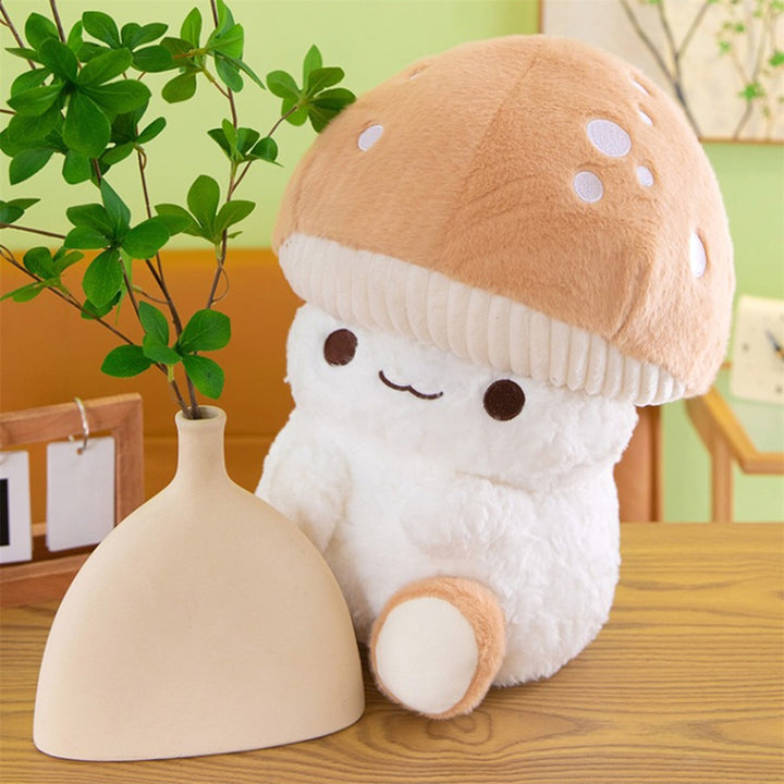 Adorable Plush Mushroom Toy - Soft Stuffed Doll with Expressive Eyes & Ribbed Hat, Beige & White Design for Home or Office Decor, Perfect Youngsters' Birthday Gift, Stuffed Animal