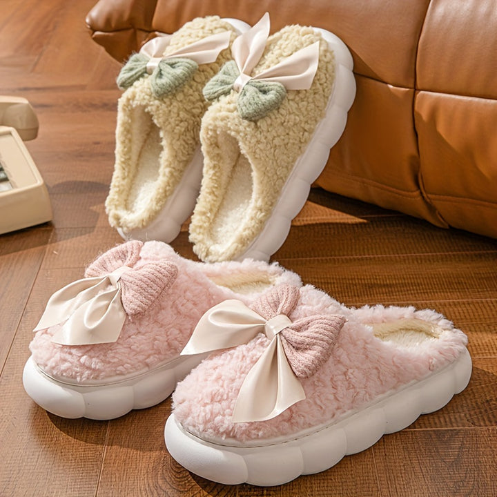Winter Warm Plush Slippers - 1 Pair Women's Casual Solid Color Bowknot Indoor House Shoes - Thick Sole Non-Slip with Superfine Fiber Insole and TPU Sole