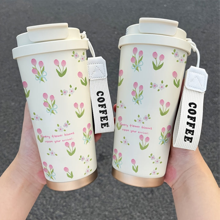 17.92oz Pink Tulip Pattern Insulated Cup with Straw & Lid - Stainless Steel, Portable, Ideal for Office, Home, Travel, Sports, Outdoor Activities - Perfect Ramadan Gift