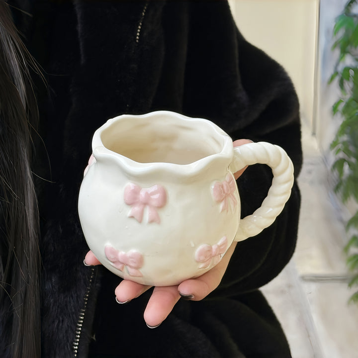 1pc Cute Pink Bow Mug – Embossed Design, Insulated Coffee Cup for Breakfast, Milk, or Tea, Reusable & Dishwasher Safe, Perfect for Holiday Gifting, Breakfast Coffee Mug | Whimsical Mug Design | Dishwasher Safe Mug, Coffee Accessories