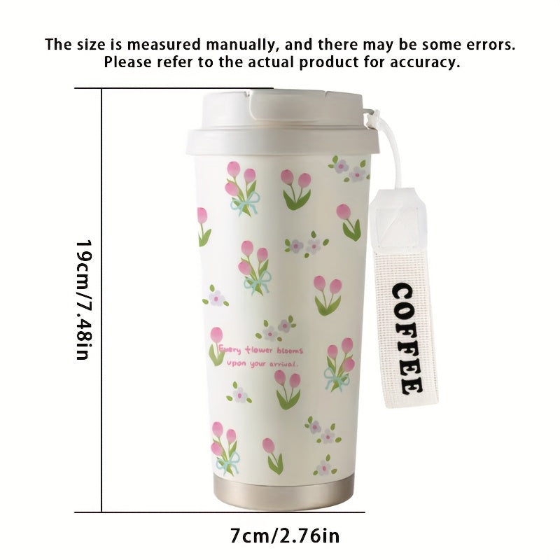 17.92oz Pink Tulip Pattern Insulated Cup with Straw & Lid - Stainless Steel, Portable, Ideal for Office, Home, Travel, Sports, Outdoor Activities - Perfect Ramadan Gift