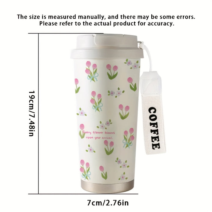 17.92oz Pink Tulip Pattern Insulated Cup with Straw & Lid - Stainless Steel, Portable, Ideal for Office, Home, Travel, Sports, Outdoor Activities - Perfect Ramadan Gift