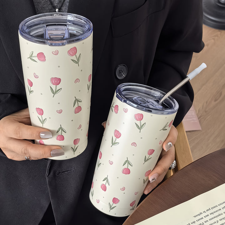 1pc, Tulip Pattern Water Bottle, 600ml/20.29oz Stainless Steel Insulated Water Cups, Summer Winter Drinkware, Travel Accessories, Gifts