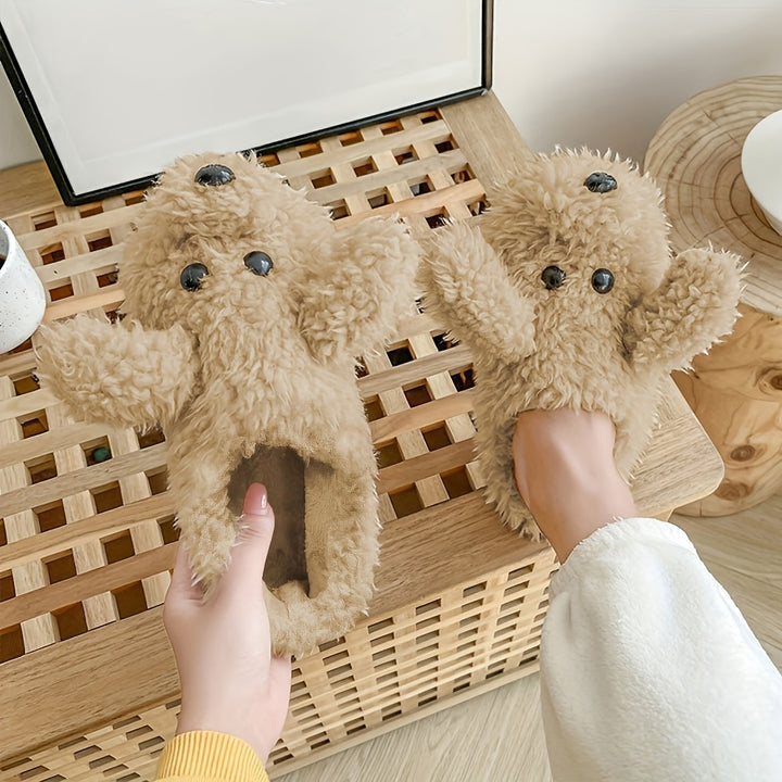 Cozy & Warm Soft Sole Cartoon Puppy Plush Slippers - Unisex Plus Size Fuzzy Shoes for Men & Women - Winter Novelty Slip On