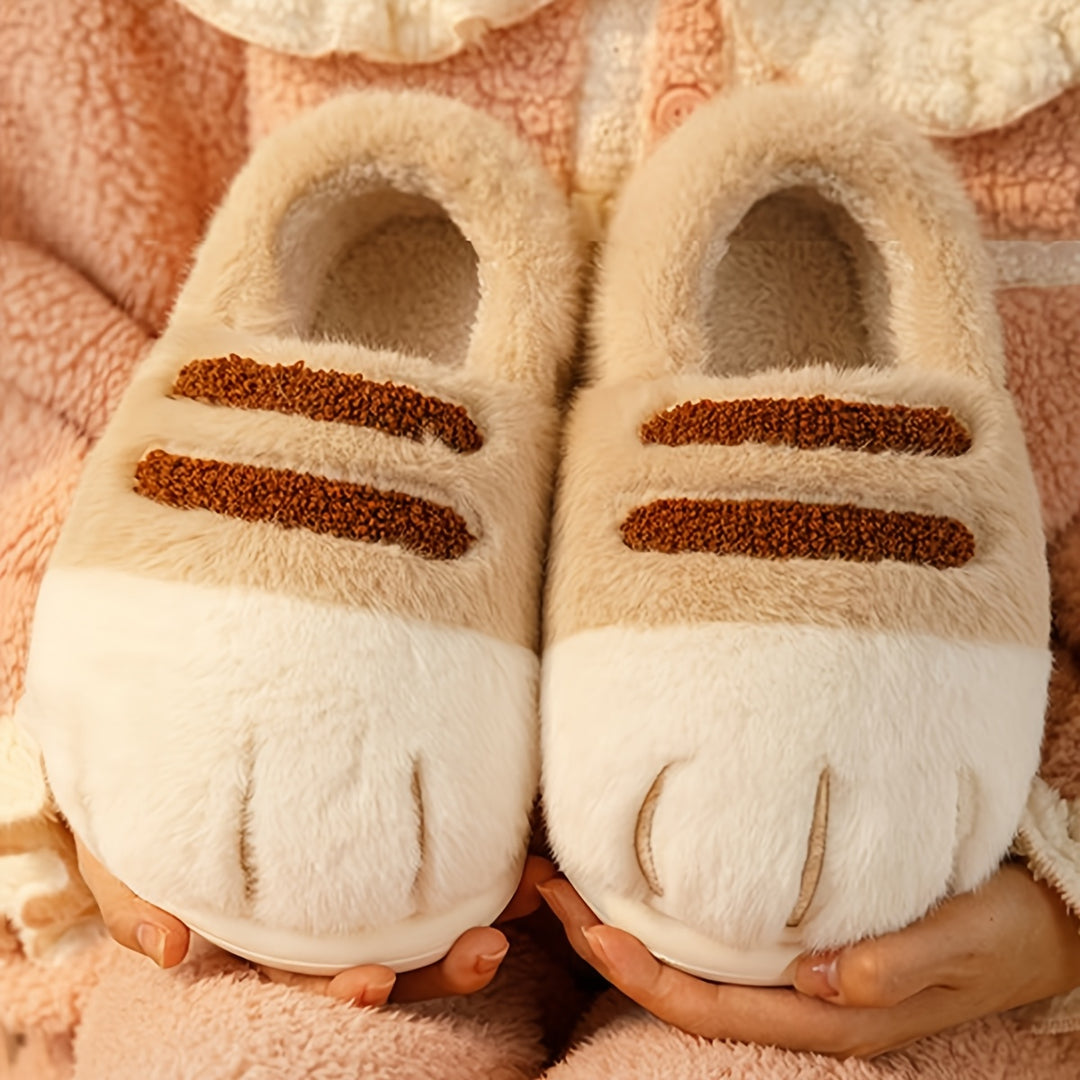 [Warm Cartoon Cat Paw Slippers] Winter Cartoon Cat Paw Style Women's Slippers for Home Warmth Men's Plush Flat Shoes