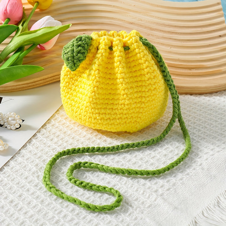 Handmade Crochet Pineapple Drawstring Pouch, Polyester Fiber Knitted Coin Purse with Leaf Accents