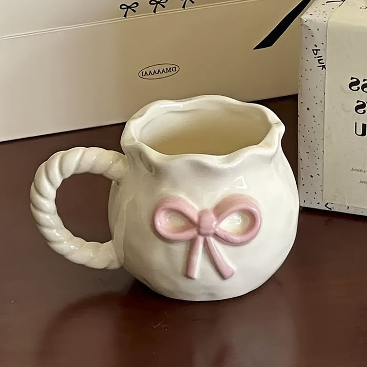 1pc Elegant Pink Bow Ceramic Mug - Reusable, Hand-Wash Only, Perfect for Coffee, Tea, Breakfast, or Afternoon Delight - Ideal for Office, Party, Birthday, and Holiday Gifts, Office Mug | Elegant Mug Design | Smooth Finish