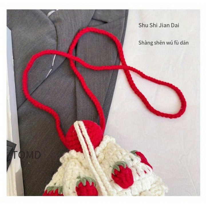 Handmade Strawberry Cake Knit Bucket Bag – Red & White Crochet Shoulder Messenger Bag with Drawstring Closure, Sweet Design for Women