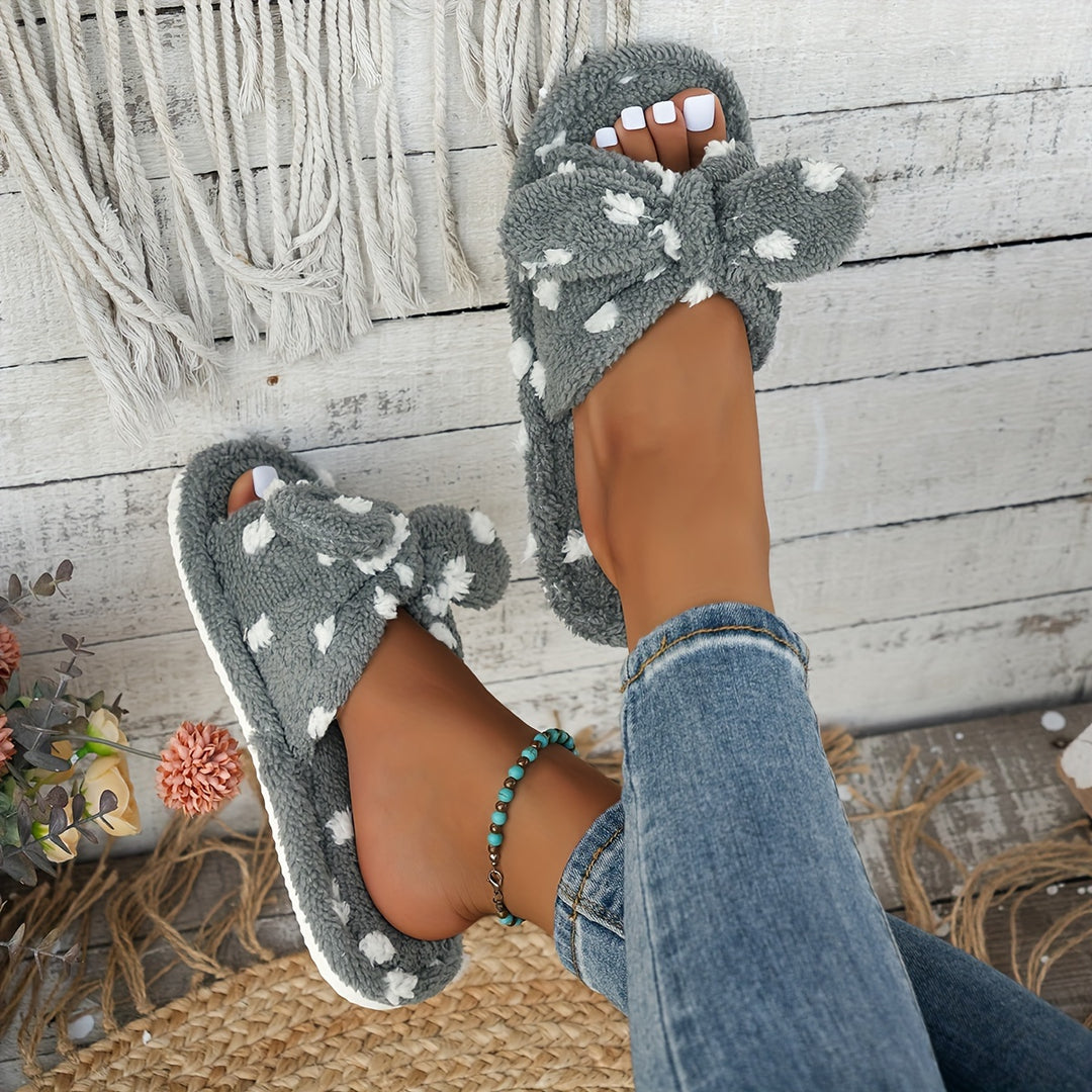 [Soft, Warm] Women's Plush Slippers with Polka Dot Bow - Soft, Warm, Non-Slip Indoor Footwear for Home Comfort in Spring & Autumn
