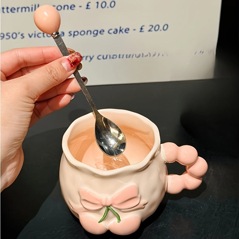 1pc Vintage Embossed Cherry Ceramic Mug with Spoon Pink Girl's Heart Office Coffee Cup, Suitable for Coffee, Juice, Beverage, Milk