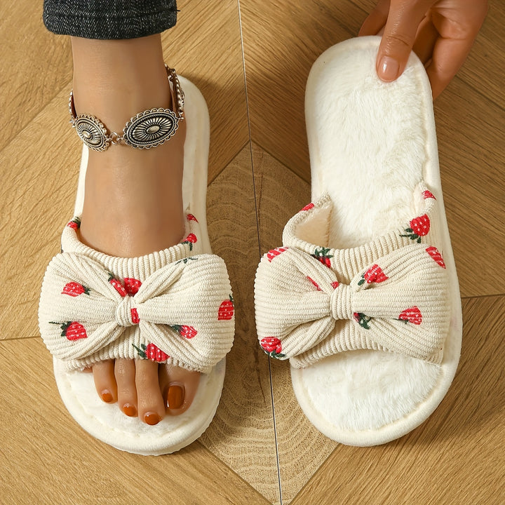 Lightweight Cute Strawberry Bowknot Home Slippers, Non-slip Floor Mute Plush Lined Warm Shoes