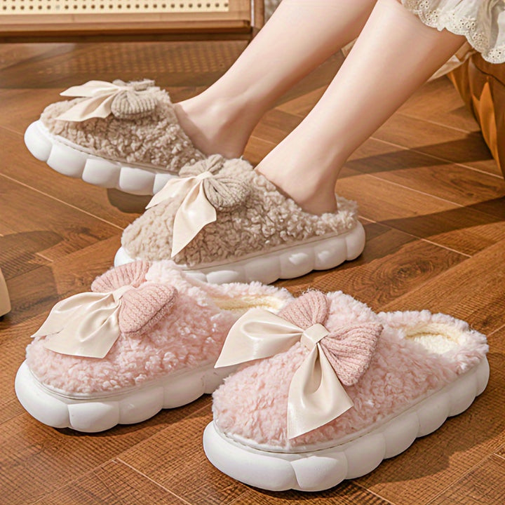 Winter Warm Plush Slippers - 1 Pair Women's Casual Solid Color Bowknot Indoor House Shoes - Thick Sole Non-Slip with Superfine Fiber Insole and TPU Sole