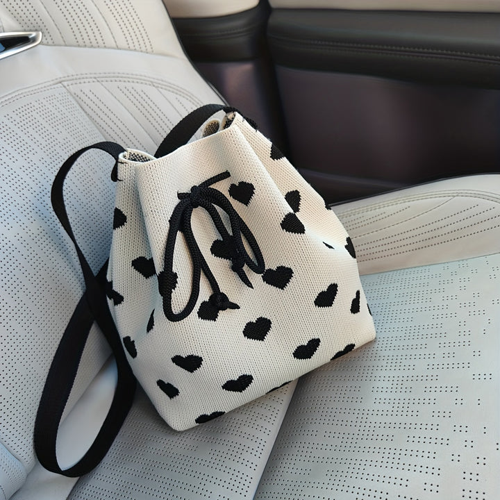 Simple Heart Shaped Pattern Bucket Bag, Drawstring All-Match Handbag for Women, Classic Women's Bag
