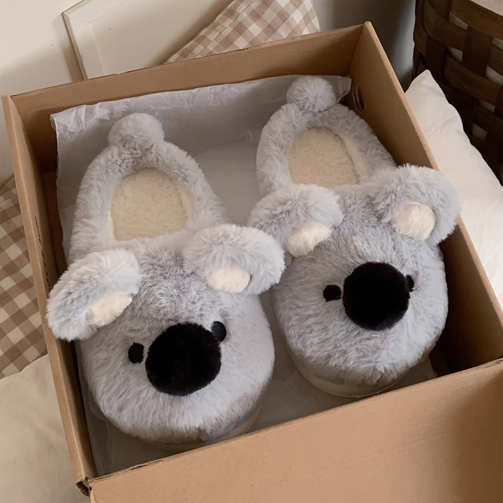Cute Koala Plush Slippers for Women - Winter Casual Indoor Non-Slip Fabric Slippers with EVA Sole, Hand Washable, Cartoon Pattern, Warm Home Shoes for Couples