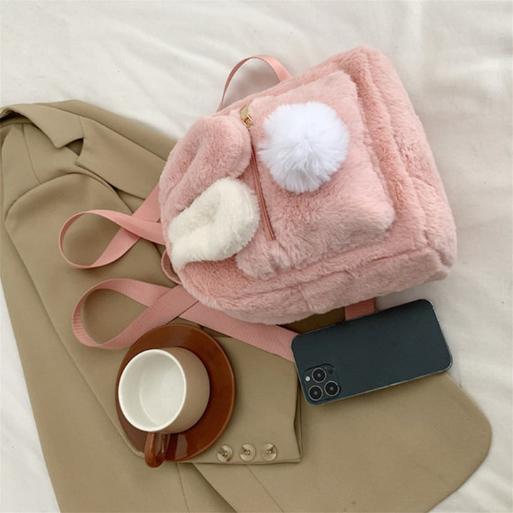 Chic Plush Bunny Backpack for Women - Soft Faux Fur Daypack with Adjustable Straps, Lightweight, Zip Closure in Pink, Beige, or Brown - Cute & Cozy College Style Bookbag, Mini Backpack