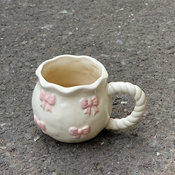 1pc Cute Pink Bow Mug – Embossed Design, Insulated Coffee Cup for Breakfast, Milk, or Tea, Reusable & Dishwasher Safe, Perfect for Holiday Gifting, Breakfast Coffee Mug | Whimsical Mug Design | Dishwasher Safe Mug, Coffee Accessories
