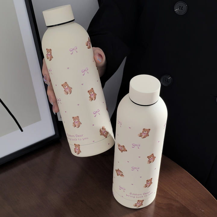 [Reusable Stainless Steel Coffee Mug] 1pc Ribbon Bear Series Stainless Steel Insulated Tumbler, 17oz/500ml, Double-Wall Vacuum Bottle for Hot & Cold Drinks, Travel & Gym Cup, Coffee Mug, Car Cup, All-Season Beverage Container, Reusable, Hand Wash Only