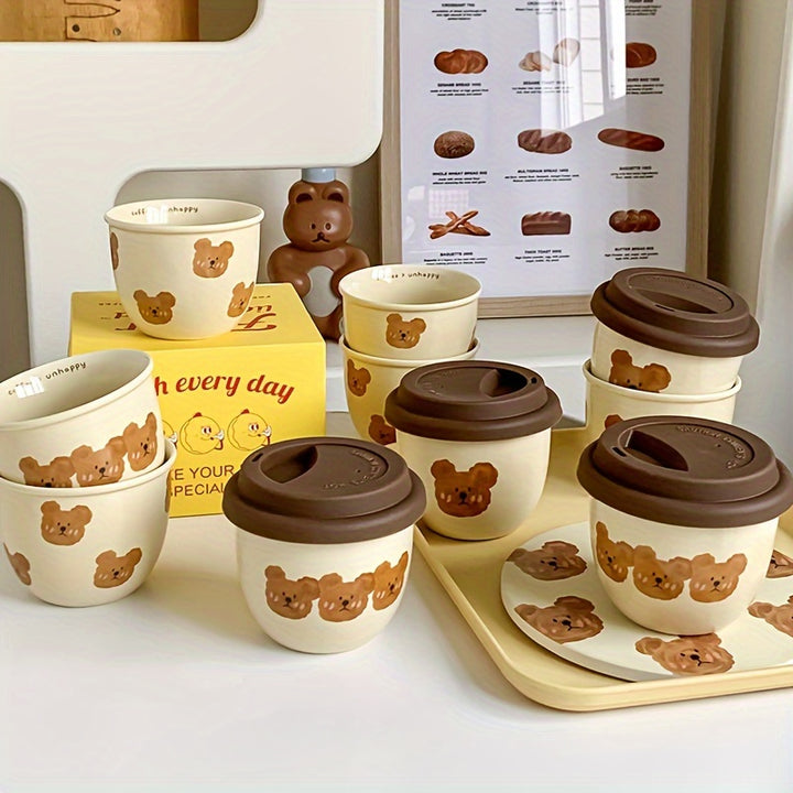 One, small capacity of 8.28oz coffee cup, suitable for drinking exquisite mini coffee in one sip, cute bear-shaped tea cup with lid, suitable for home use and office use, suitable as a gift for couples, graduation season gifts, bestie gift, colleague gift