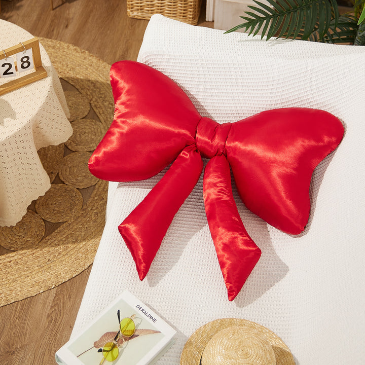 Large Red Satin Bow Throw Pillow – Elegant Decorative Accent for Sofa, Couch & Home Decor, Soft Silky Fabric with Large Bowknot Design, Perfect for Indoor Aesthetic Spaces, Decorative Pillows