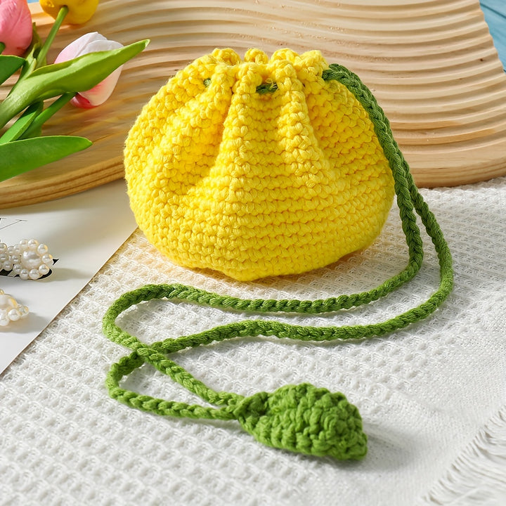 Handmade Crochet Pineapple Drawstring Pouch, Polyester Fiber Knitted Coin Purse with Leaf Accents