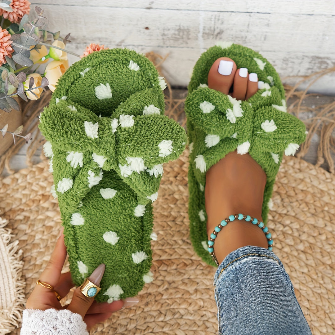 [Soft, Warm] Women's Plush Slippers with Polka Dot Bow - Soft, Warm, Non-Slip Indoor Footwear for Home Comfort in Spring & Autumn
