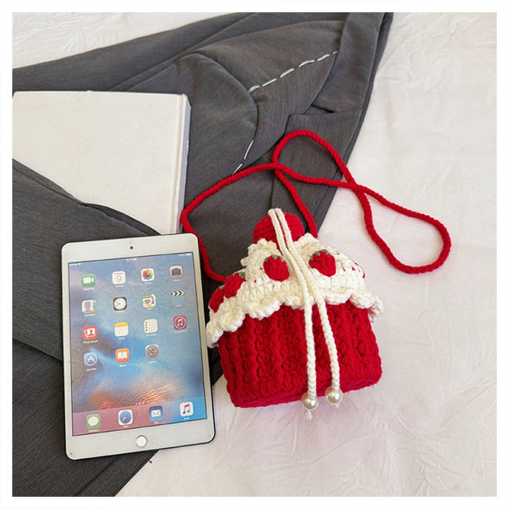 Handmade Strawberry Cake Knit Bucket Bag – Red & White Crochet Shoulder Messenger Bag with Drawstring Closure, Sweet Design for Women
