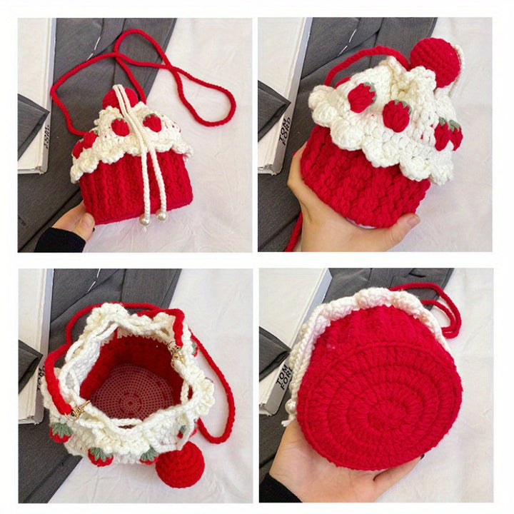Handmade Strawberry Cake Knit Bucket Bag – Red & White Crochet Shoulder Messenger Bag with Drawstring Closure, Sweet Design for Women