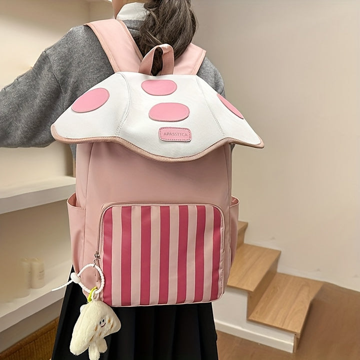 Whimsical Mushroom House Backpack - Large Capacity, Lightweight & Adjustable Straps, Pink/Green Cartoon Design with Red Spots, Polyester, Hand-Washable, Perfect for School, Travel & Everyday Use, Travel Bag | Playful Accessory | Decorative Elements