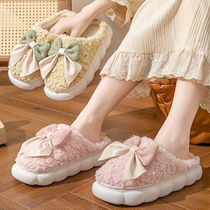 Winter Warm Plush Slippers - 1 Pair Women's Casual Solid Color Bowknot Indoor House Shoes - Thick Sole Non-Slip with Superfine Fiber Insole and TPU Sole