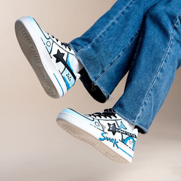 Hand Painted Bruce the Shark Casual White Shoes - Unisex